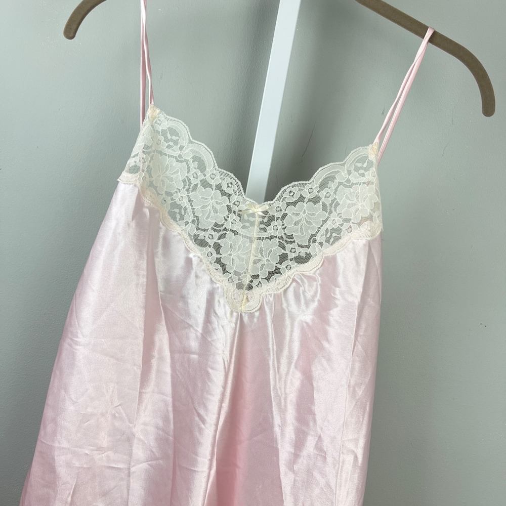 Vintage Milco Chemise Womens M Light Pink Satin White Lace Lingerie Sleepwear